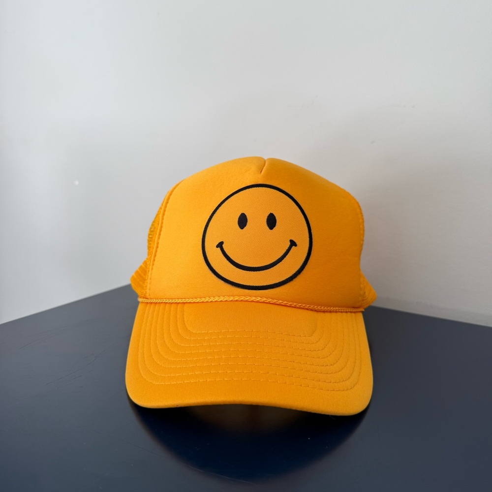 Smiley Happy Face Baseball Hat Cap - Bright Yellow - Mesh Trucker Adjustable